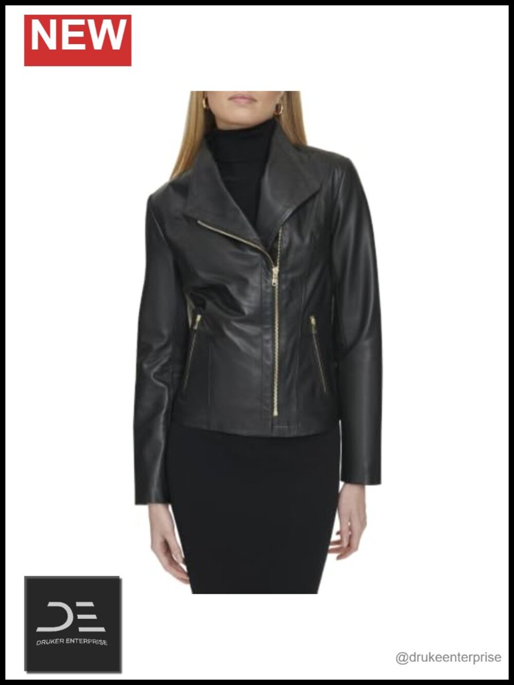 Asymmetric Genuine Lambskin Leather Jacket Moulded Collar Long Sleeve